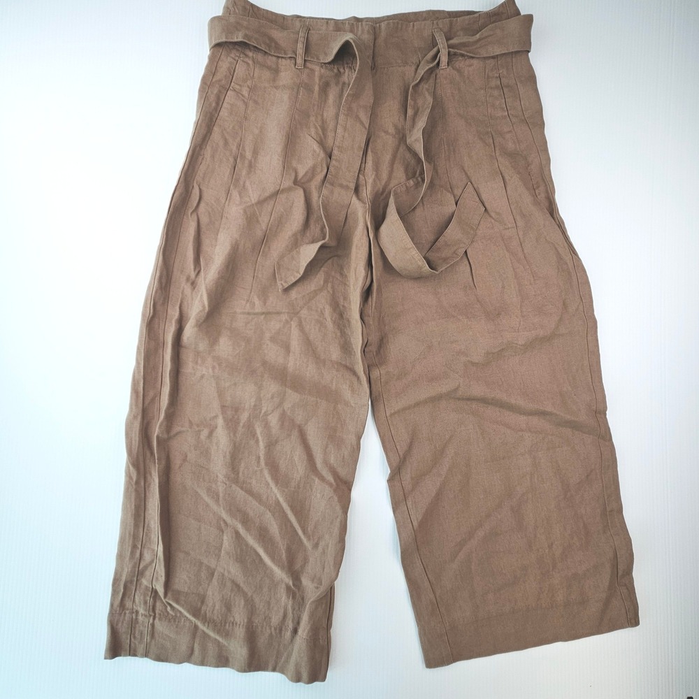Chicos Brown 100% Linen Wide Leg Cropped Pants Tie Belt Womens 3P 16P Lagenlook
